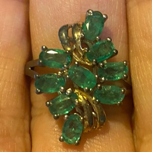 Ring Emeralds Size 8 9 Stones 4.82 Carats Sterling Silver 925 SIS Vintage - Picture 1 of 16